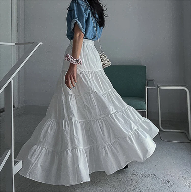 Retro Court Style High Waist Pockets Pure Color Maxi Skirt Fashionable Sun Protection Half-length Skirt Cake Skirt Cotton Blend