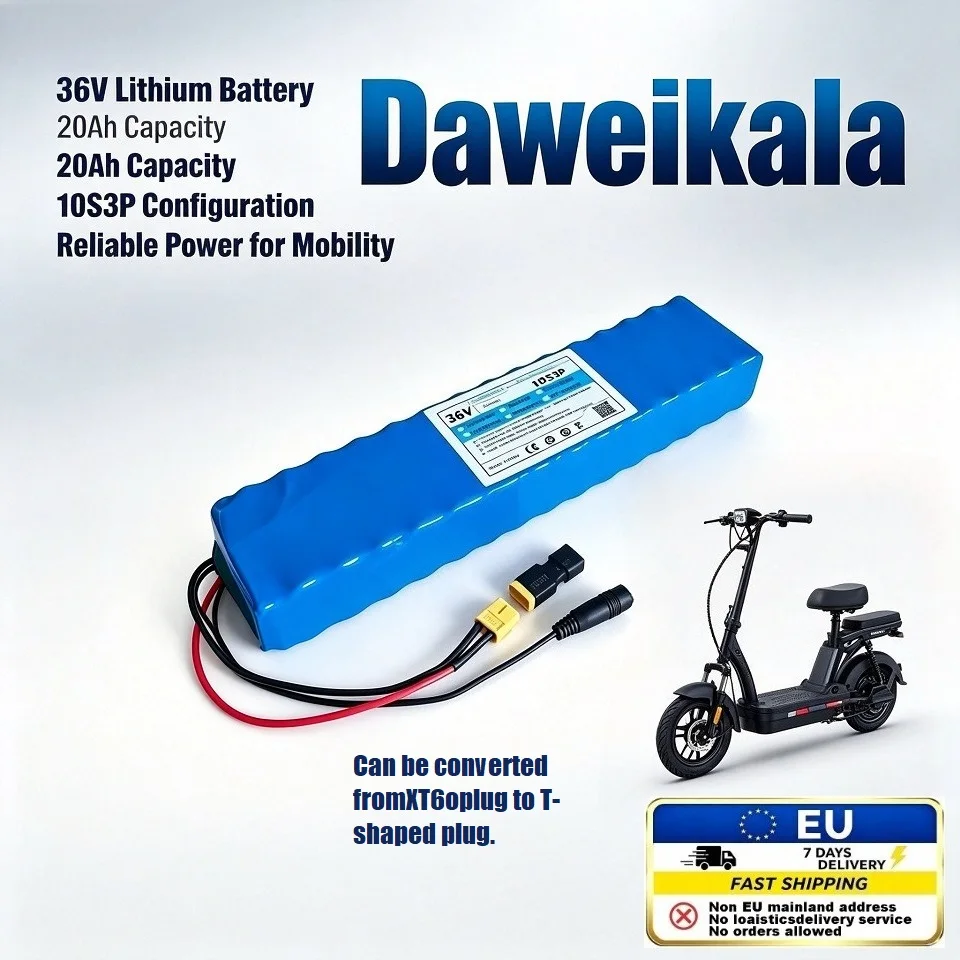Batteria al litio Daweikala 36V 20Ah, batteria ricaricabile ad alta capacità 10S3P per e-bike, scooter, biciclette elettriche e veicoli a mobilità leggera – Magazzino UE, consegna in 7 giorni in tutti