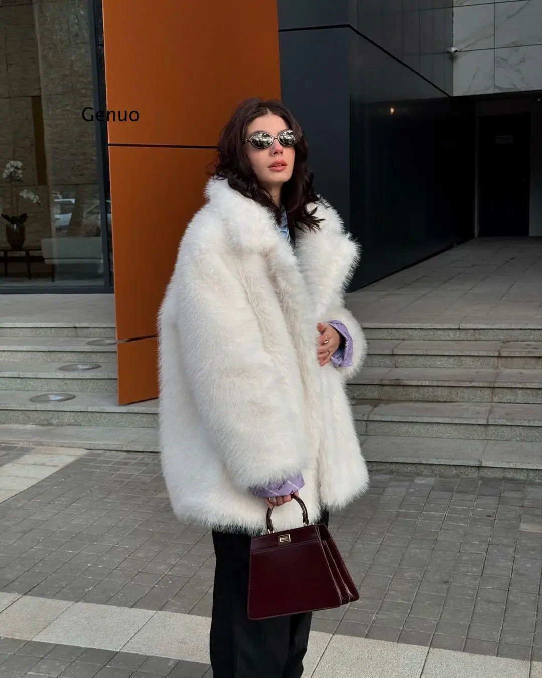 Women's Autumn Winter European Oversized Lapel Long Sleeve Eco-Friendly Faux Fur Coat Fluffy Warm Outerwear with Hidden Snaps