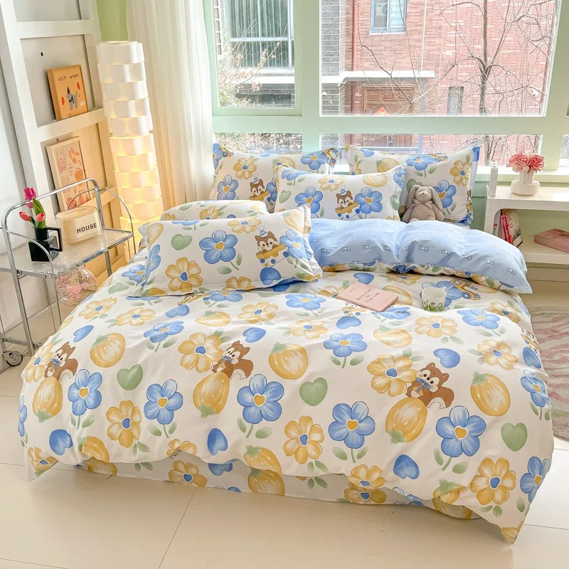 Cute Squirrel Theme Duvet Cover Set, 100% Cotton Skin-friendly Quilt Cover, Plant Floral Pattern Bedding for Girls Kids Women