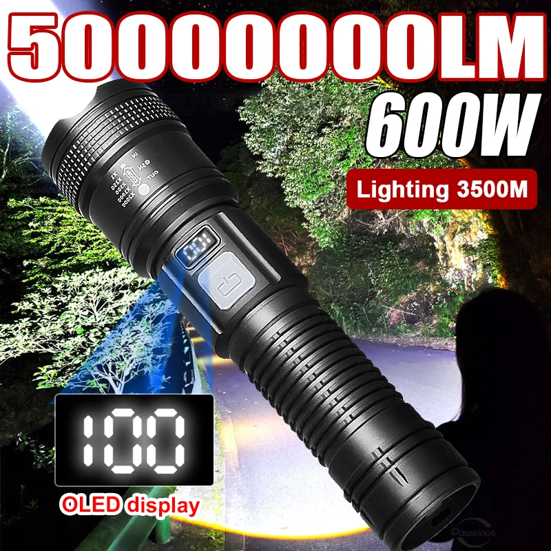 50000000LM 600W High Strong Power LED Flashlights Tactical Torch Display Light USB Charging Camping Fishing Emergency Zoom Lamp