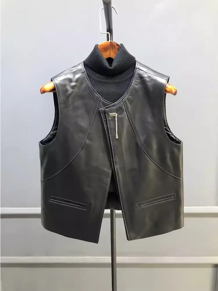 Moda damska kamizelka z prawdziwej skóry kardigan z okrągłym dekoltem kamizelka czarna Casual Design główna ulica kobieta owcza kurtka bez rękawów — zdjęcie 2