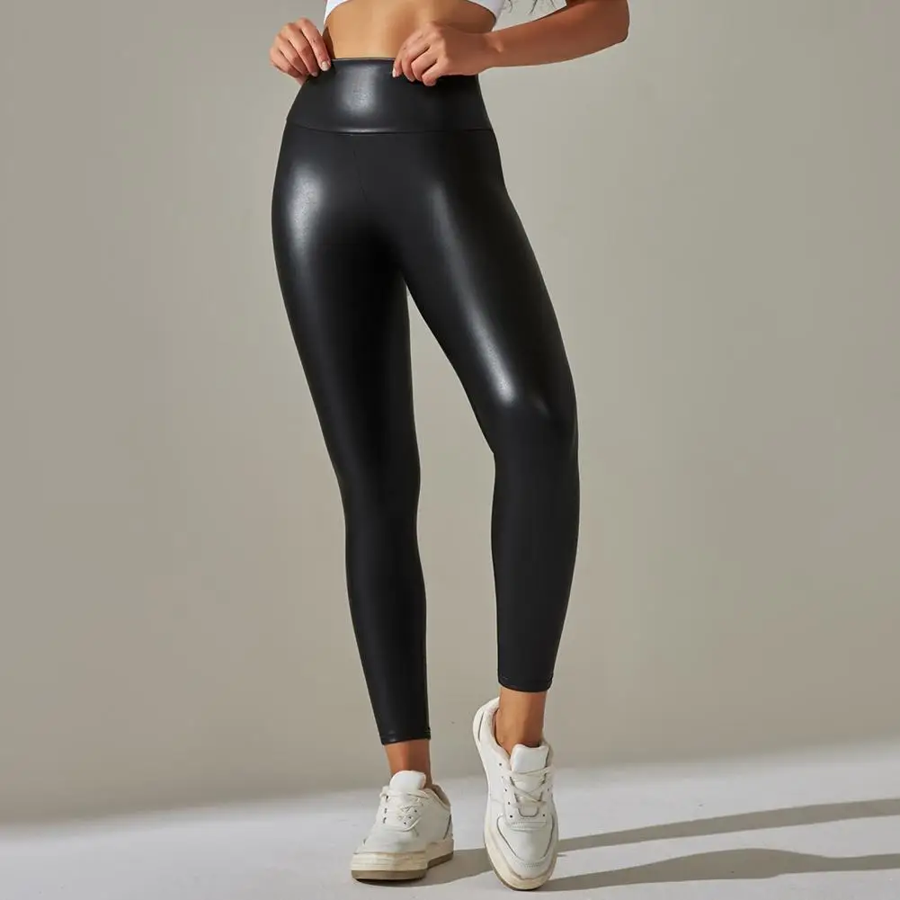 High-rise Trousers High Waist Faux Leather Yoga Trousers Butt-lifted Stretchy Breathable Pants for Women Elastic Waisted