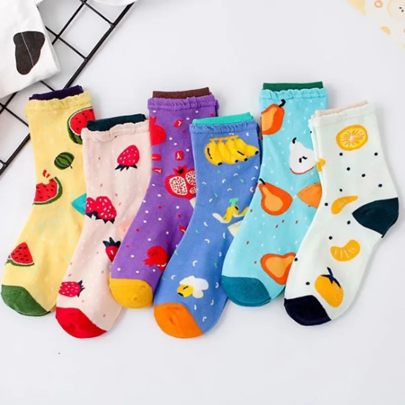 Summer Women's Socks Strawberry Orange Fruit Cotton Mid Length Women Sock Double Ribbed Lace Girls' Socks Korean Edition Socks