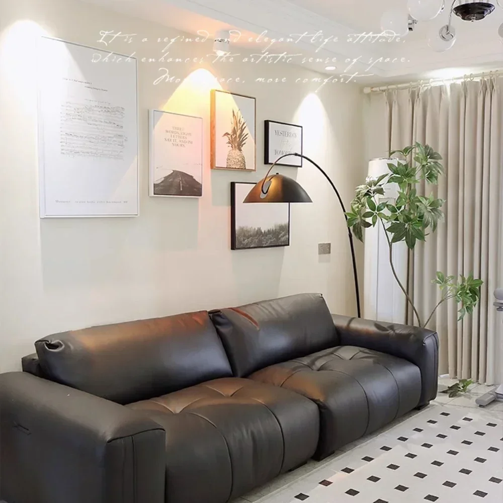 

Leather Sofa Straight Row Minimalist First Layer Cowhide Black Living Room Three-Seat