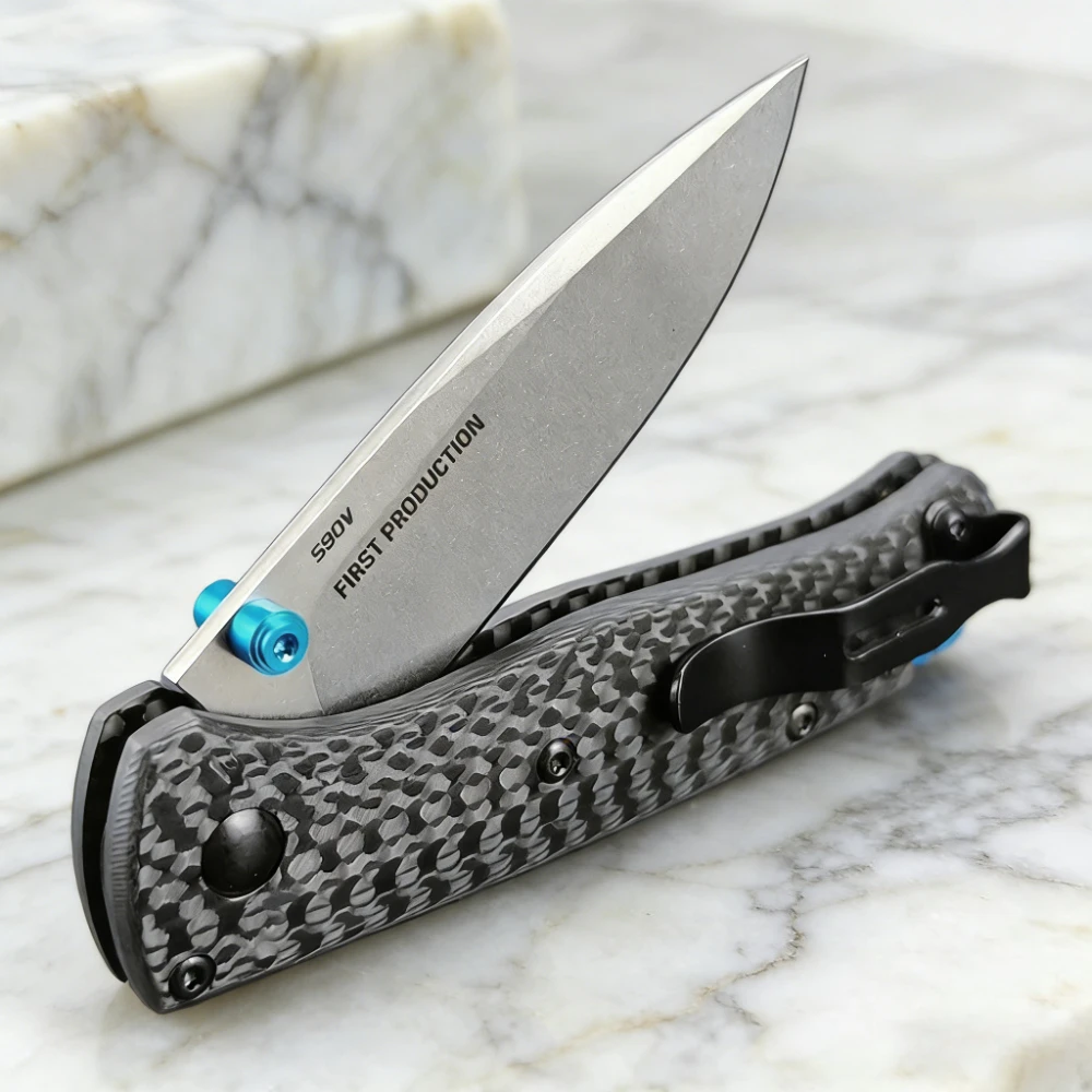 Cuchillo de Caza Plegable EDC 533-3 para Exteriores, Acero S35VN, Mango de Fibra de Carbono, Herramienta Portátil de Supervivencia para Campismo, para Hombres