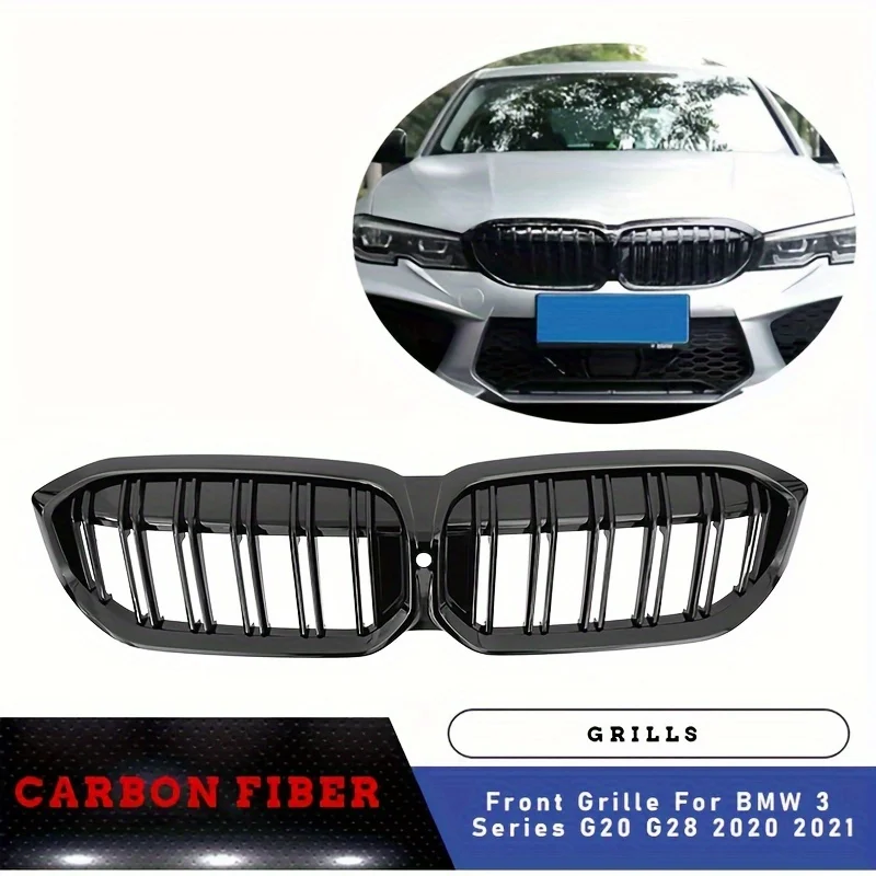 2020 BMW 3 Series G20 G28 Front Grille Replacement - Double Line Black Polished Plastic Bumper Grille, Easy To Install