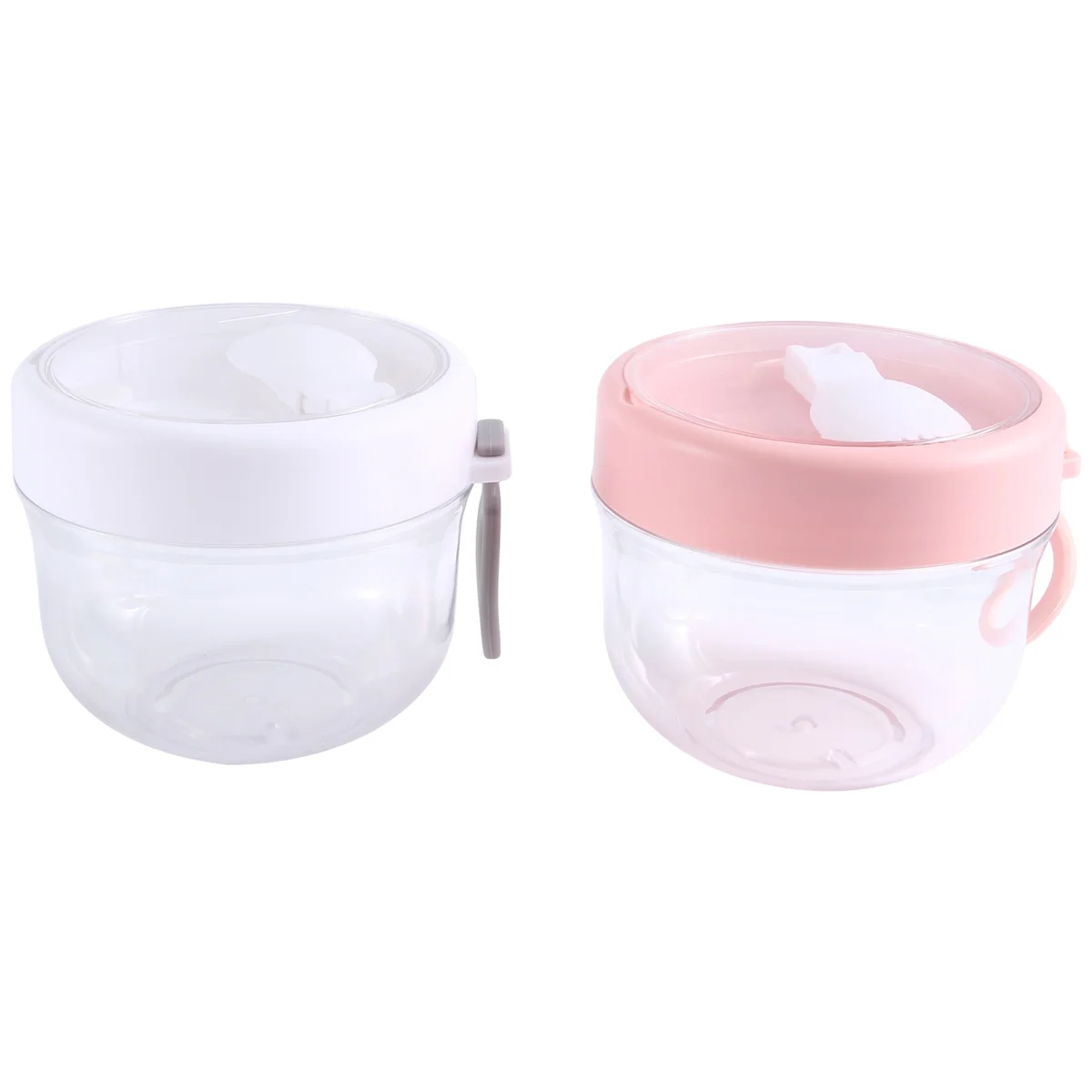 Overnight Oat Containers with Lid and Spoons 2PCS, 20Oz Portable Plastic Yogurt Jars,Leak-Proof Dessert Cups White&Pink