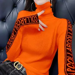 2024 Spring Autumn New Temperament Letter Knitting Bottoming Shirt Femme Winter Slim Turtleneck Sweater Women Clothes Top Tee