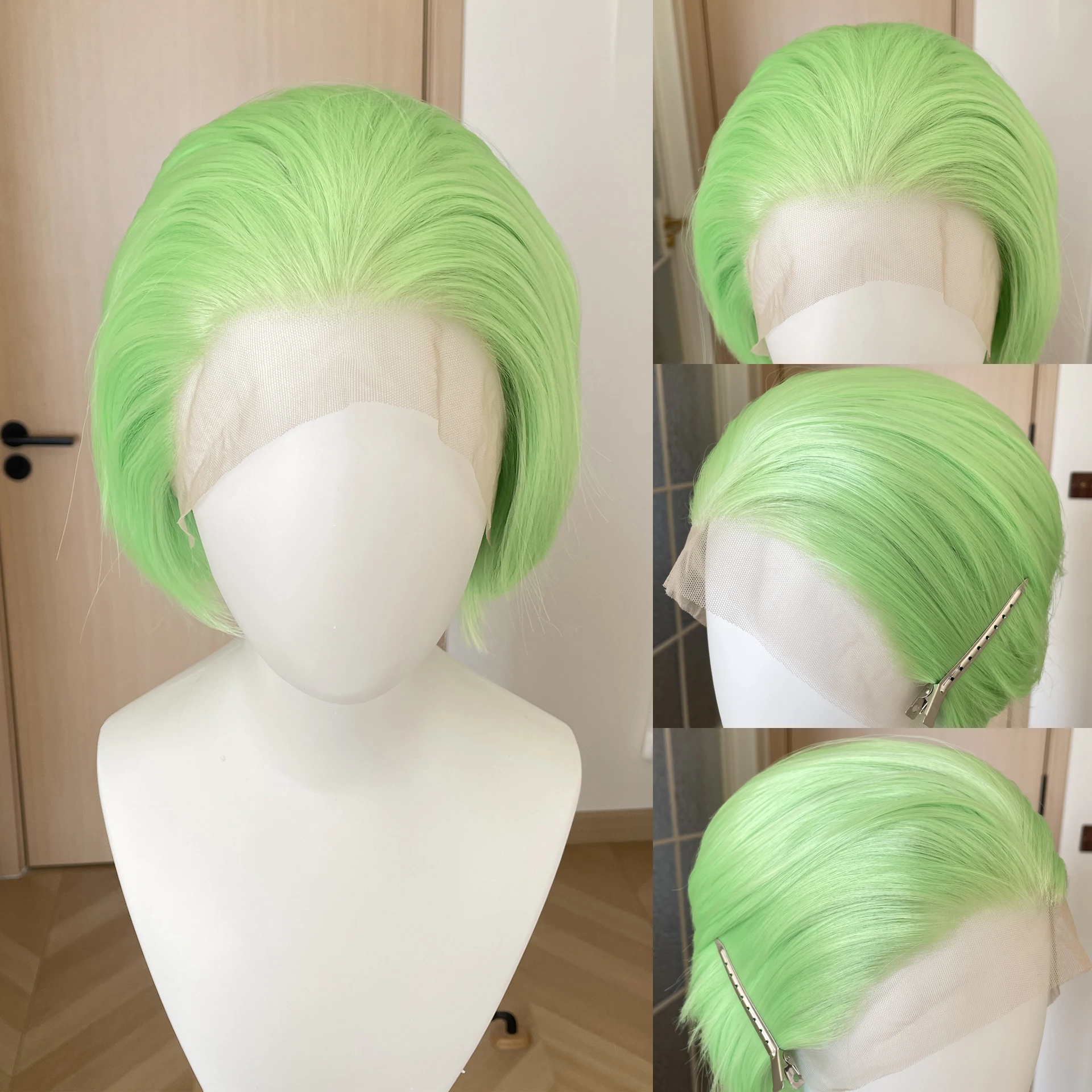 Light Green Short Bob Cut Cosplay Wigs for Men Free Part 13x4 Synthetic Lace Front Wigs for Women Glueless Half Hand Tied 150%