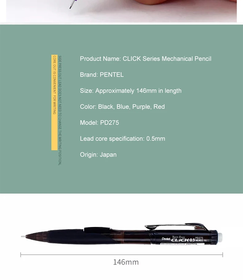 1 Stück Japan Pentel Druckbleistift PD255 mit seitlicher Druckmechanik und drehbarem Radiergummi, 0,5 mm, nicht leicht zu zerbrechende Mine, Zeichenbedarf, Schulbedarf – Detail 8