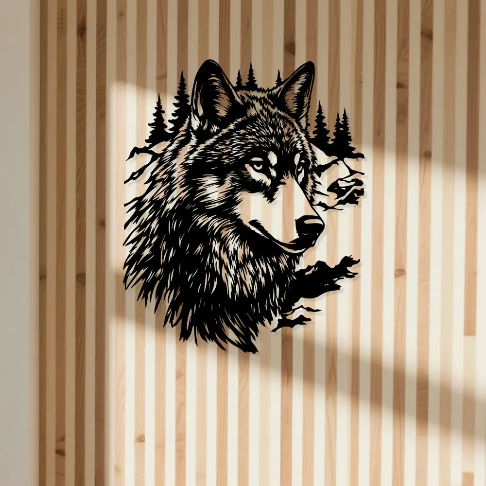 Vintage Wolf 3D Metall-Wandkunst, Kiefern-Schneeberg-Skulptur für Außenzaun, Garten und Weihnachtsdekoration