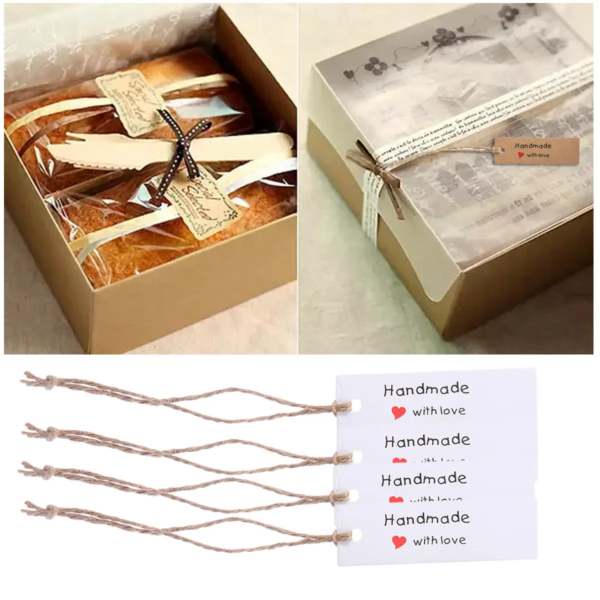 50Pcs Handmade with Love Paper Tags Kraft Hanging Tags for Valentine Gift Label Cards Birthday Christmas Decoration Supplies