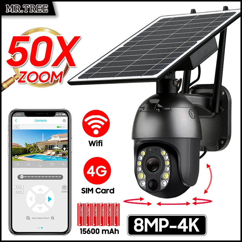 

4K 50X Optical Zoom Security Solar Camera 4G SIM Wireless Outdoor Two Way Audio Surveillance WiFi PTZ Motion Detection IP Camera