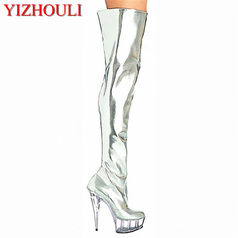 

hot sale and retail over the knee silver patent leather women's 6" thigh high boots sexy motorcycle boots 15cm clear Dance Shoes