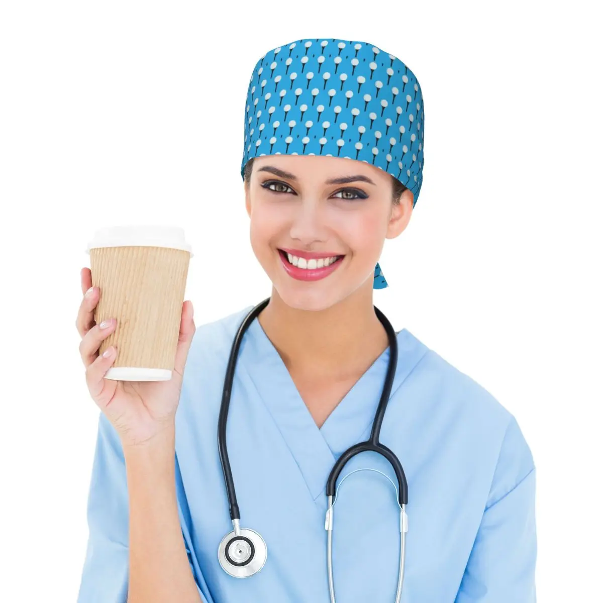 Golf Ball And Tee Pattern (Cyan Blue) Scrub Hat Doctor Working Surgical Cap Unisex Adjustable Nursing Caps for Dentist