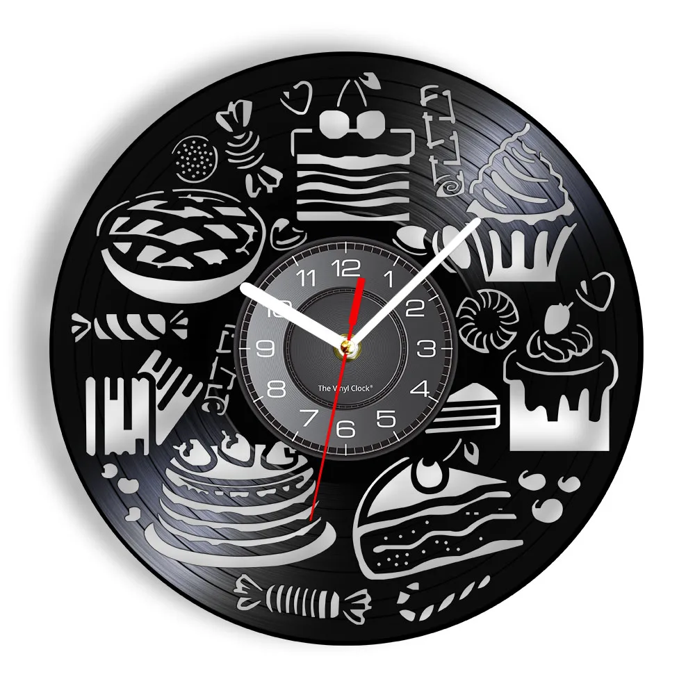 Bread Sweets Cupcake Wall Art Clock Bakery Sign Wall Decor Pastry Vinyl Record Wall Clock Confectionery Kitchen Decorative Watch