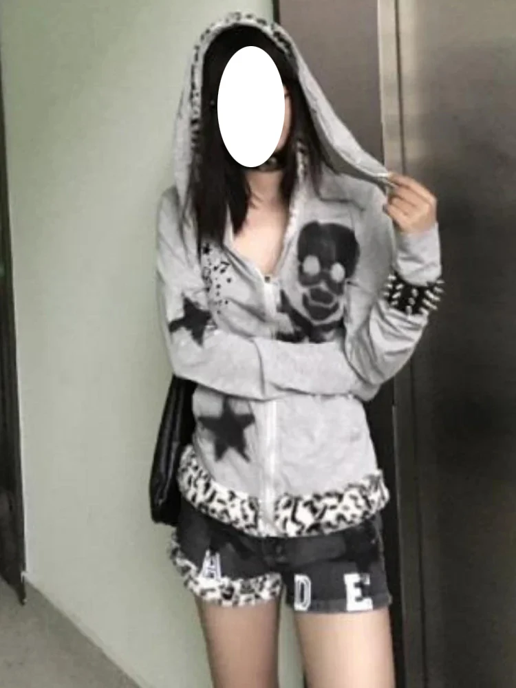 

Vintage Rabbit's Ears Slim Aesthetic Casual Patchwork Sweatshirts Japanese Punk Skull Print Y2k Hoodies Women Coats Streetwear