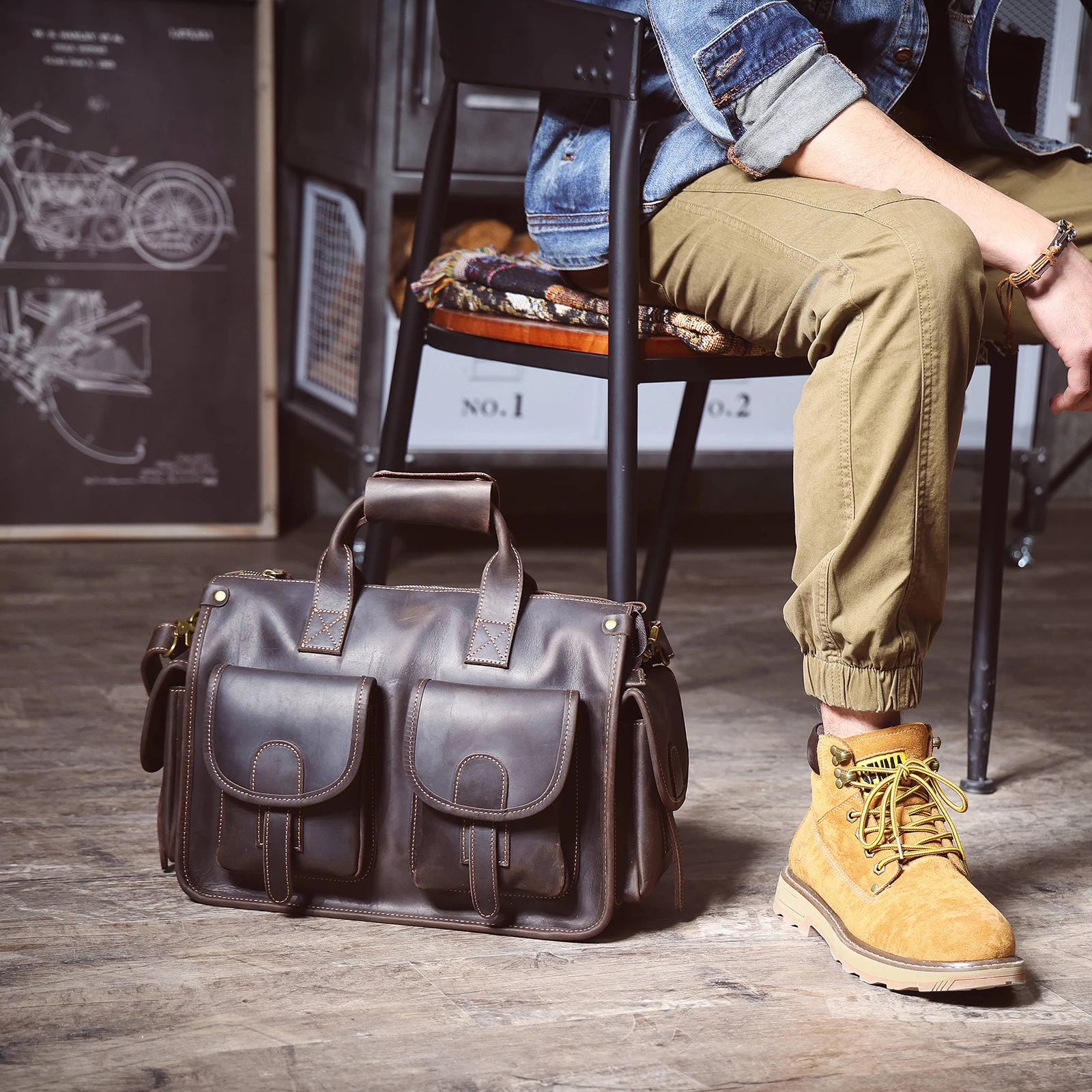 S.WORKER Vintage Echtleder Herren-Aktentasche 14" Laptop-Tasche Crazy Horse Leder Messenger-Handtasche Rindsleder Geschenkidee für Männer – Detail 5