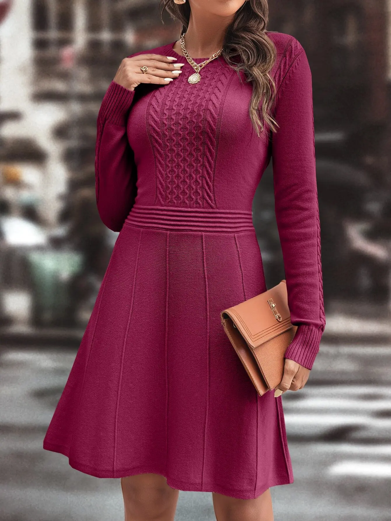 Damska sukienka dzianinowa na co dzień z wzorem w warkocze, długi rękaw, okrągły dekolt, jesień, Boże Narodzenie