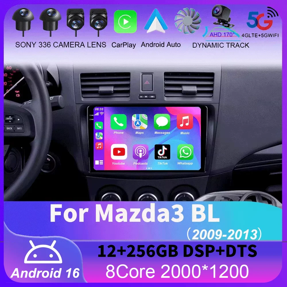 Para Mazda 3 II para Mazda3 BL 2009 - 2013 Android 16 Carplay Auto 4G + WIFI GPS Radio de coche navegación reproductor de vídeo Multimedia estéreo
