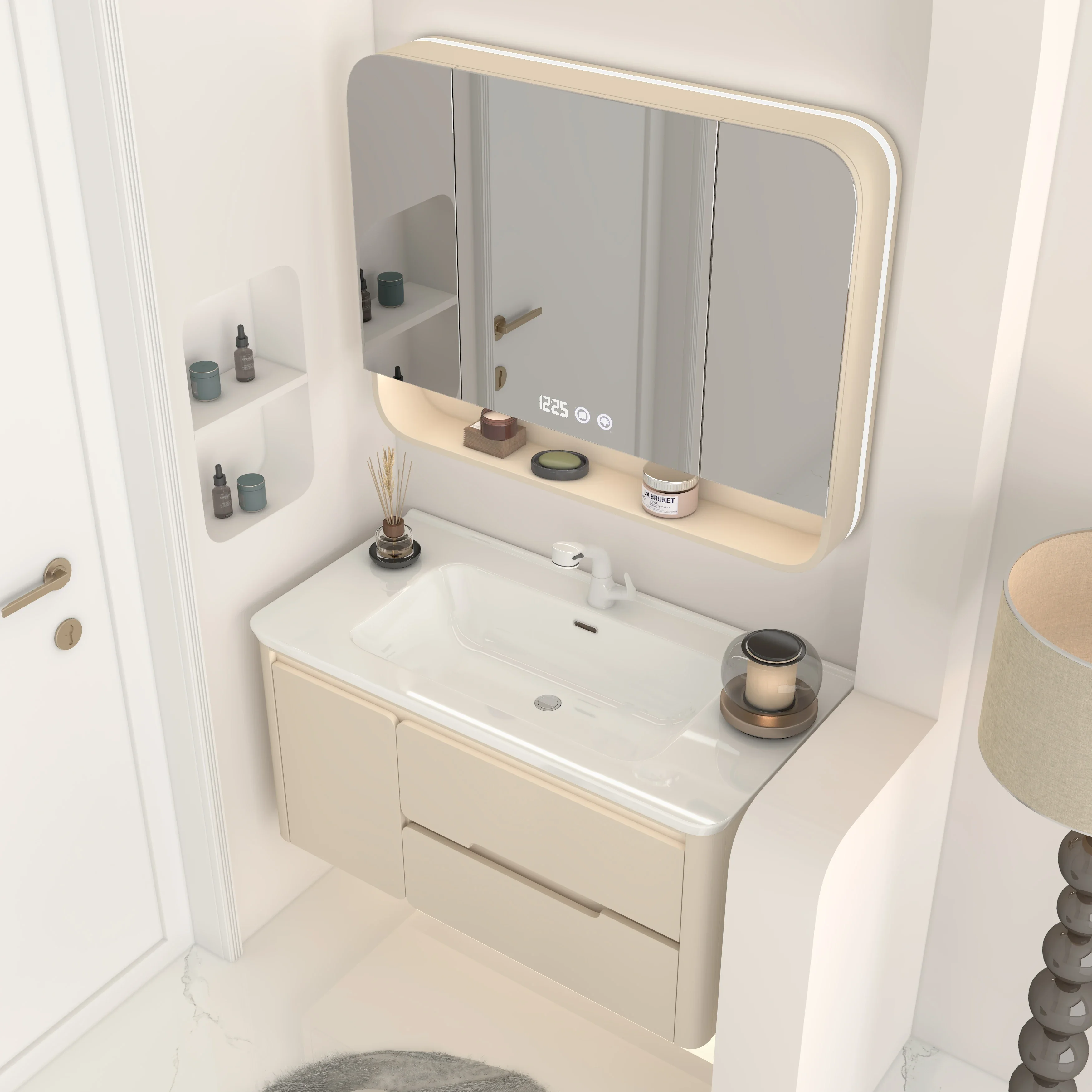 Cream wind ceramic integrated rounded corner bathroom cabinet toilet arc hand wash basin bathroom cabinet washstand group