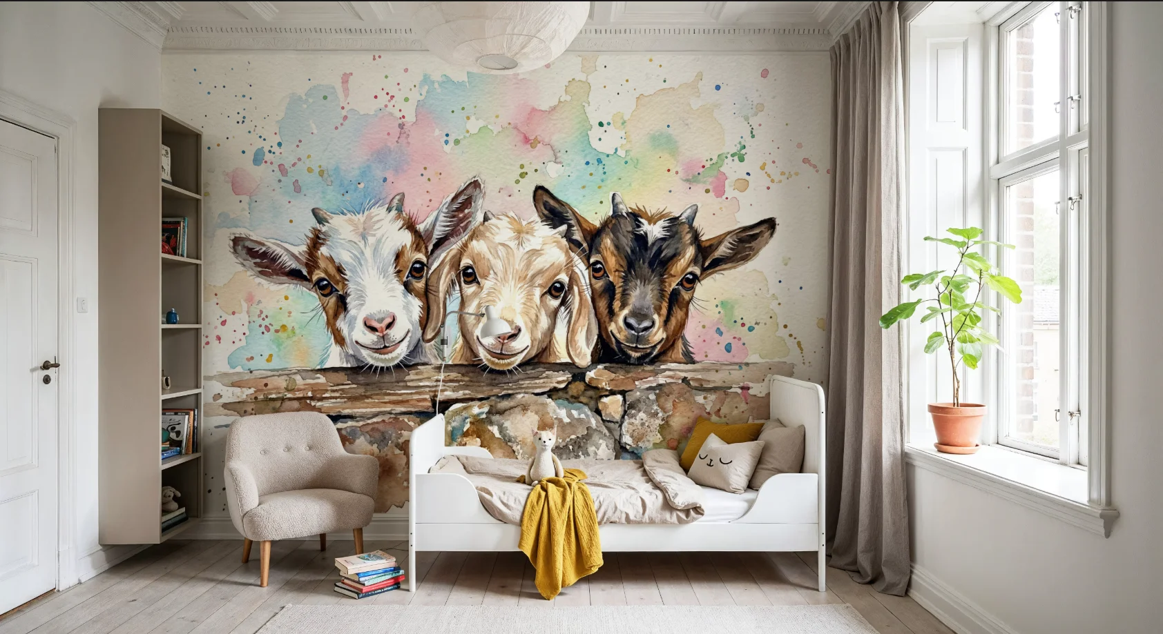 Customized wallpaper, hand-painted watercolor, animal mural, home decoration, lamb, giraffe, alpaca, children's room 3d mural