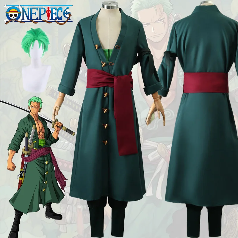 Anime One Piece Roronoa Zoro Cosplay Costume Green Coat Kimono Uniform Suit Wig Earrings Halloween Party for Adult Kids Outfits