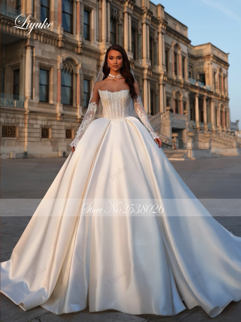 Liyuke Custom Made Simple Boat Neck Ball Gown Wedding Dress Removable Sleeves Off The Shoulder Satin Bridal Gowns view 3