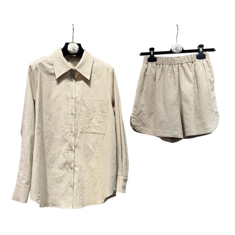 24 Retro Sun-Proof Ramie Shirt➕Shorts Casual Lazy Two-Piece Suit  camisa de dama manga larga  long sleeve shirts