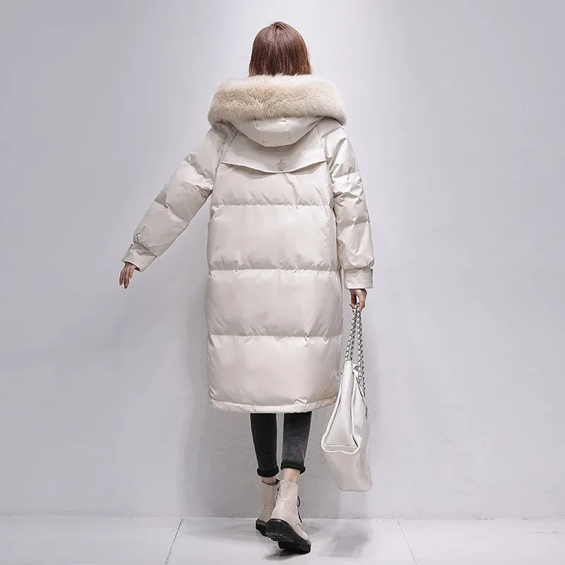 여성용 다운 재킷 겨울 후드 코트, 큰 모피 칼라 파카, 두꺼운 외투, 중간 길이 버전, 루즈 패션 오버코트, 2023 신상
