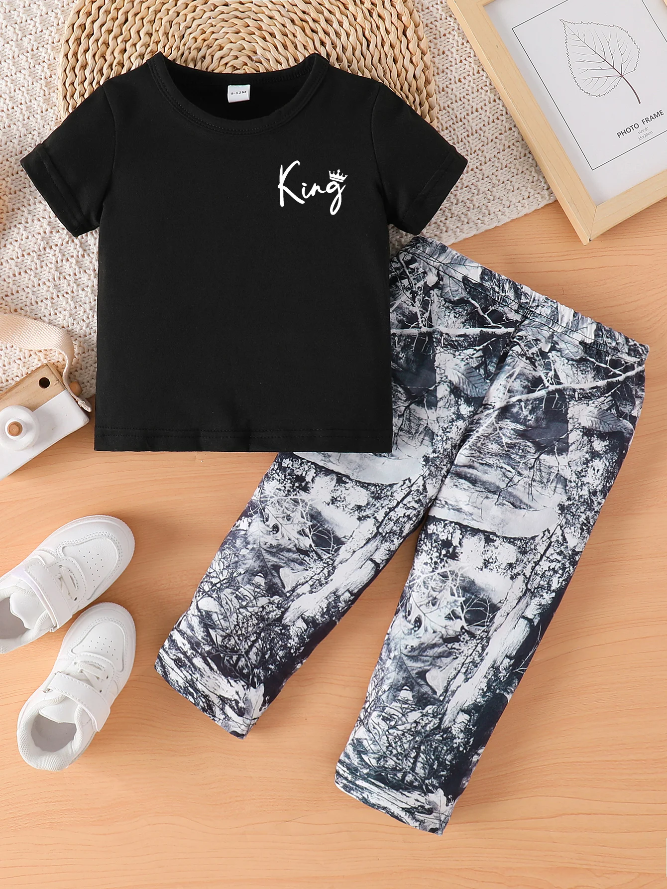 Summer printed black solid short sleeved top and full printed pants casual set for infants, boys and girls