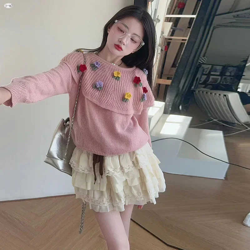 

Baby Girl Clothes Suit Girls Sweater Knitwear 2024 Autumn New Children Loose Foreign Style Fashion Hook Flower 2-piece Set