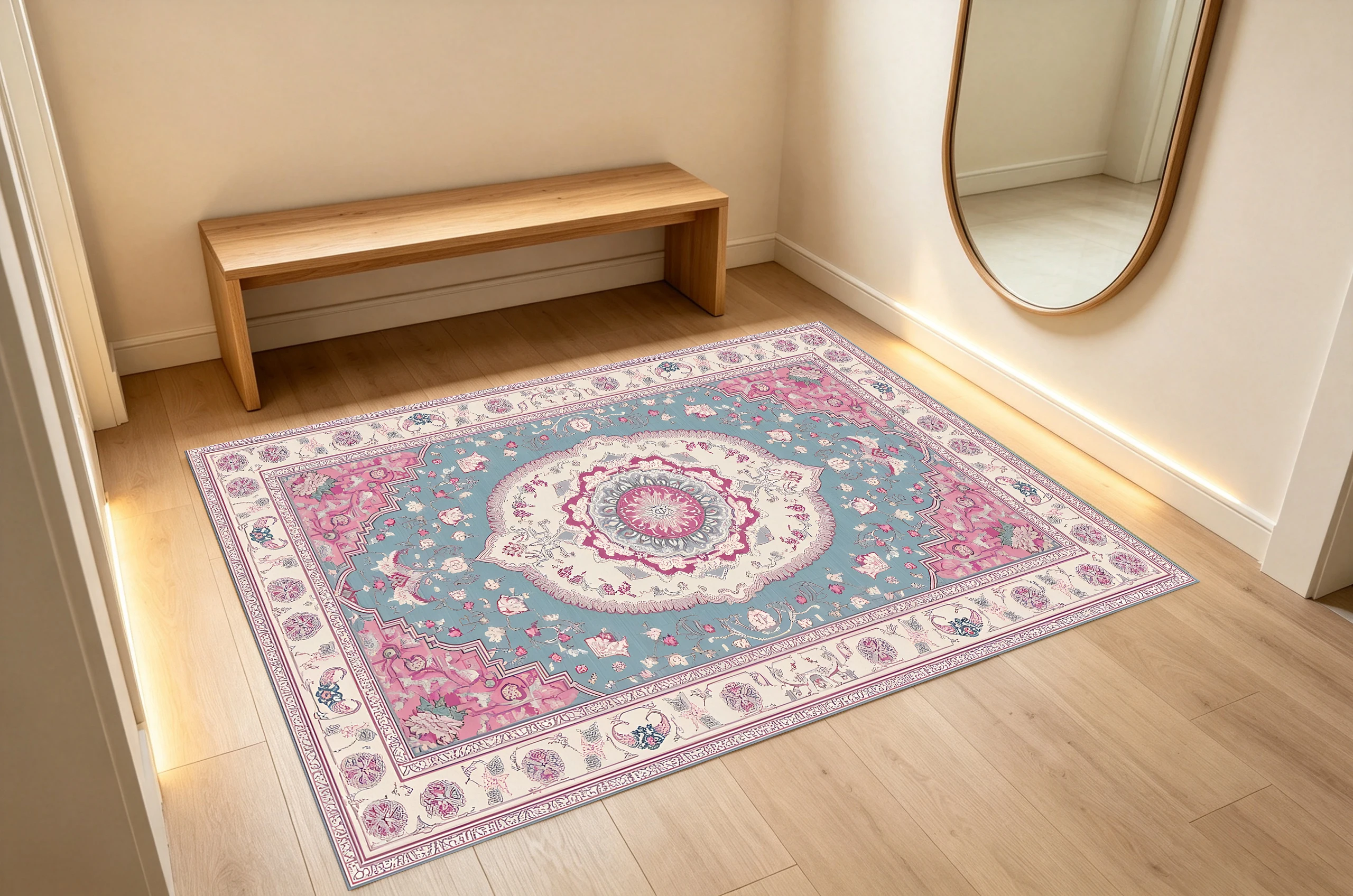 2D Large Rug in Pastel Blue Vintage Persian Pattern, Soft & Skin-Friendly, for Living Room & Bedroom, Enhancing the