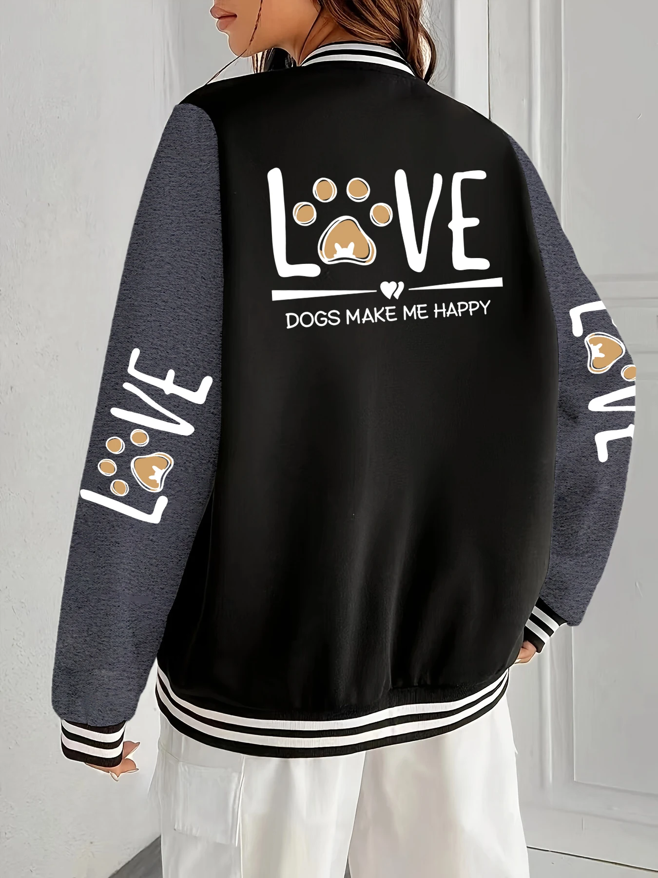 

Love Dogs Make Me Happy Printed Women Jackets Sport Warm Jacket Loose Hip Hop Veste Oversize All-Match American Baseball Uniform