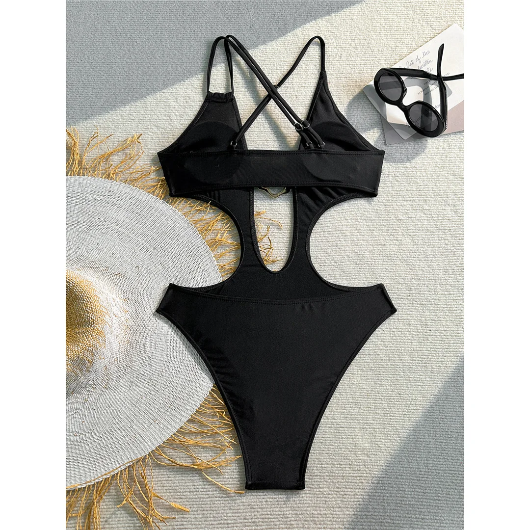 Sexy Badeanzug für Damen mit Metallring-Ausschnitt und Kreuzrücken, einteiliger Badeanzug, hoch geschnittene Beine, Monokini, Badebekleidung, Badeanzug V7566 – Detail 10