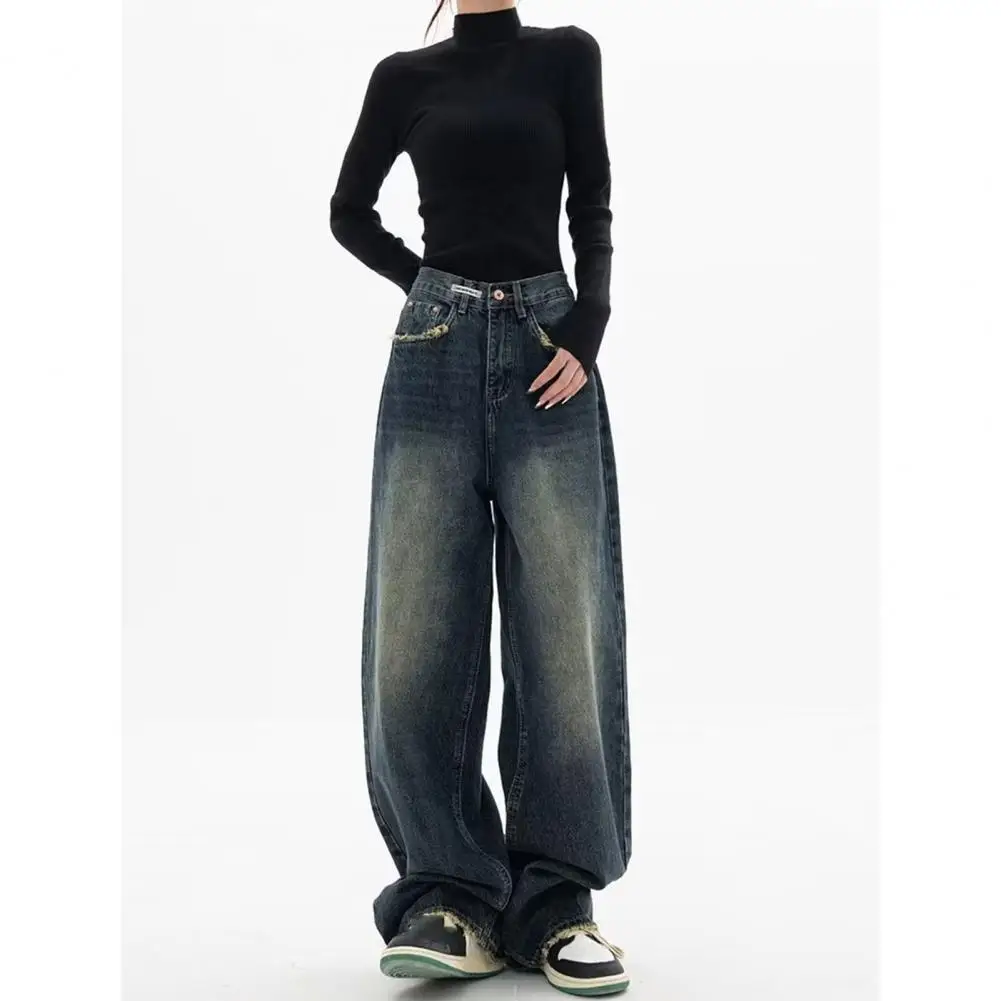 Loose Jeans Vintage High Waist Wide Leg Denim Jeans with Deep Crotch Pockets Women's Floor Length Loose Pants for Hip Hop