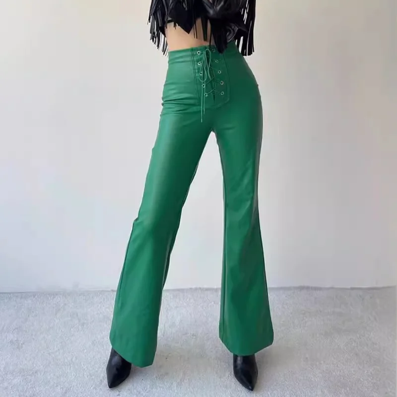 2024 Autumn and Winter Women's Clothing Explosions Fashion Sexy High Waist Trousers Flared Pants Leather Pants Women's Pants