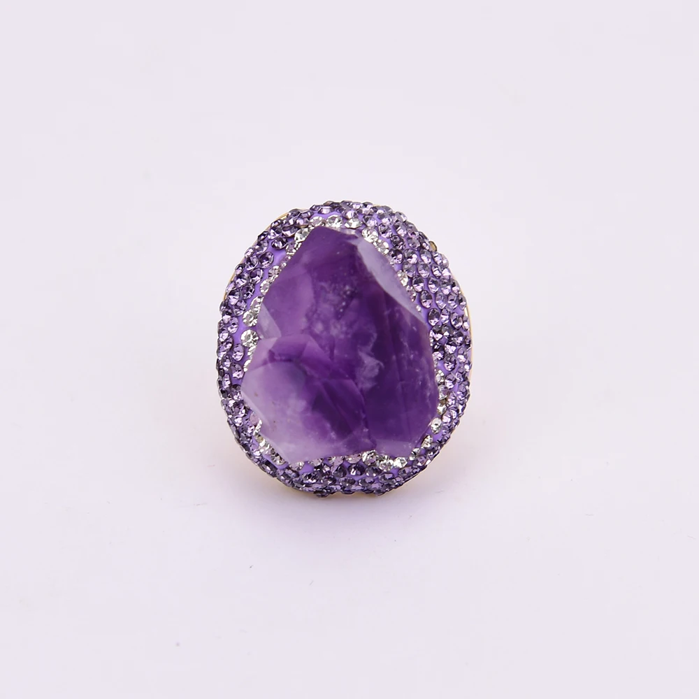 G-G Natural Amethsyt Druzy Rough Cluster Freedom Shape Trimmed With CZ Crystal Ring Adjustable Amethyst Rings