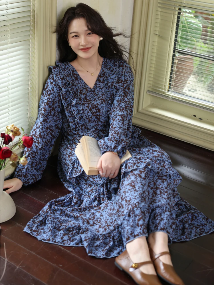 NYFS 2025 الكورية نمط المرأة كم طويل فستان طويل فضفاض حجم كبير الخريف رداء الخامس الرقبة الأزهار Elbise فساتين طويلة #1