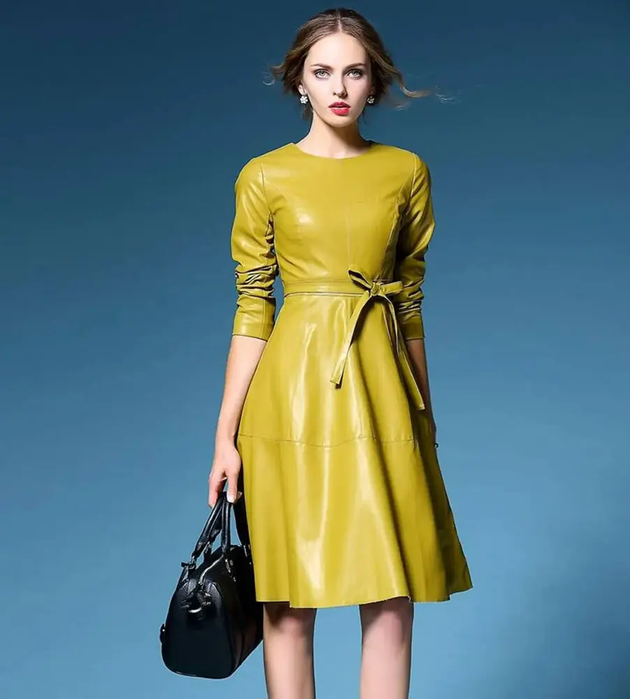 Leather Dress Women 100% Handmade Green Genuine Lambskin Leather Dress Bodycon Dress