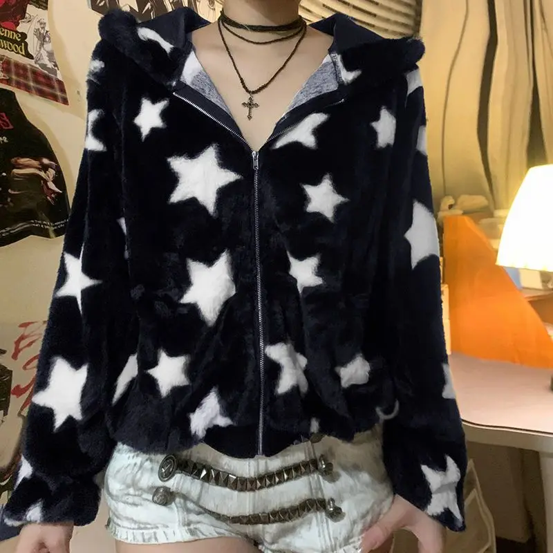 2025 Winter Retro Star Pattern Contrasting Color Plush Hooded Warm Zip-Up Jacket