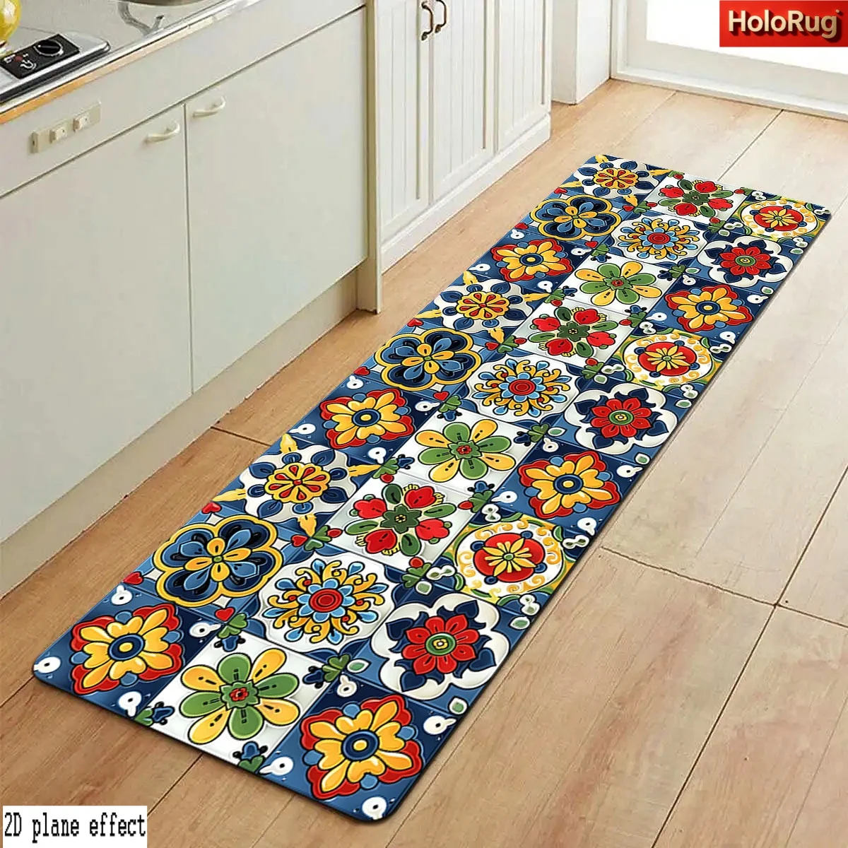 Boho Vintage Color Floral Square Tile Long Floor Runner Rug, Non-Slip Mat for Kitchen Entryway Bathroom Bright Ethnic Decor