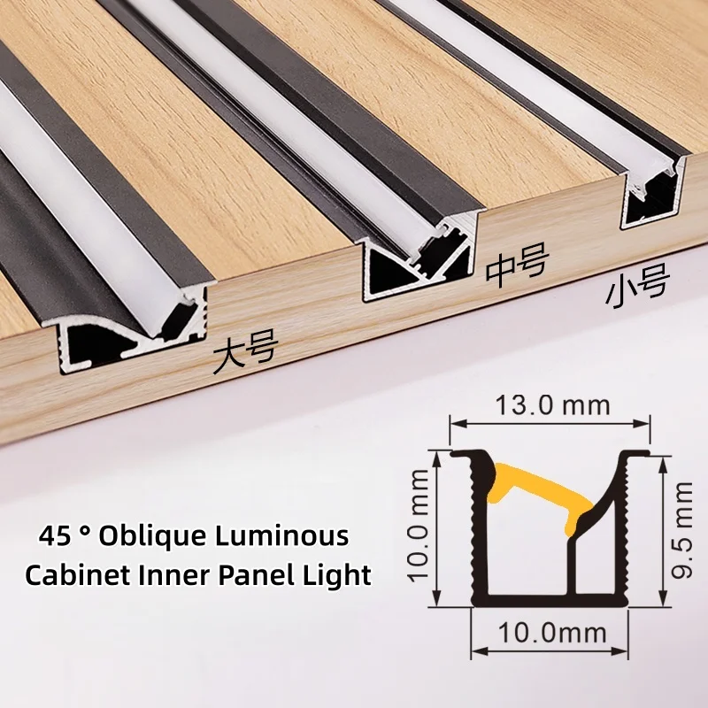 Profilé LED en aluminium encastré à 45 degrés pour éclairage oblique de meuble, avec couvercle laiteux, bande lumineuse rigide invisible
