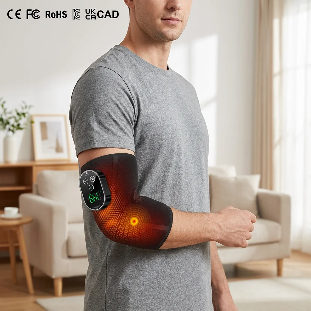 Custom Logo Cordless Elbow Brace Massager 5-Level Heat 3-Level Vibration Rechargeable Hand Support Wrap Massage Belt 20-45min