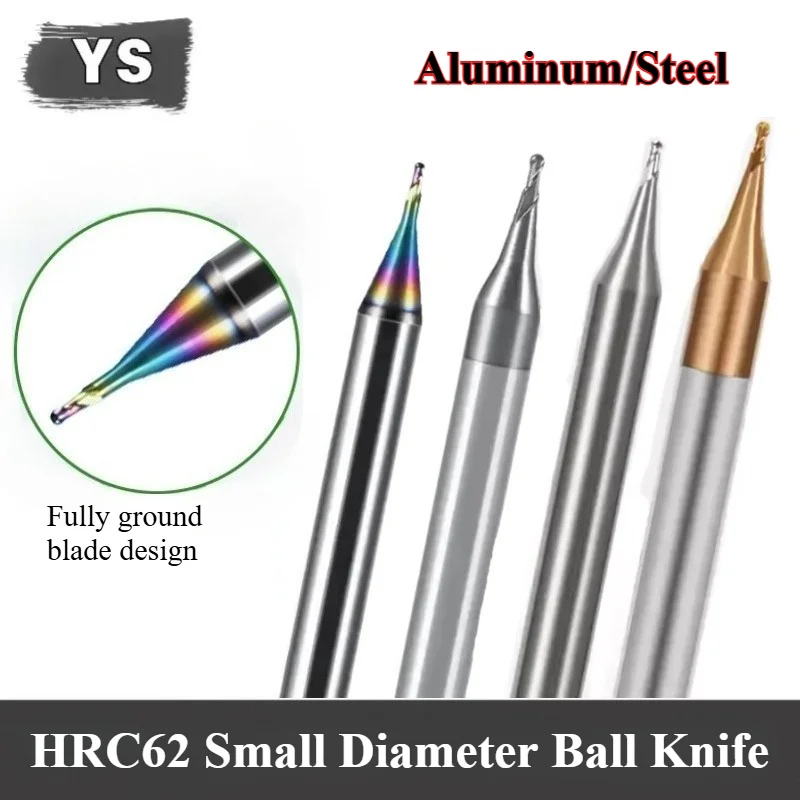 

HRC55/62 Small Diameter Ball End Milling Cutter, Micro Carving Tool for Hard Alloy Metal Processing Small Diameter R0.05-R0.45