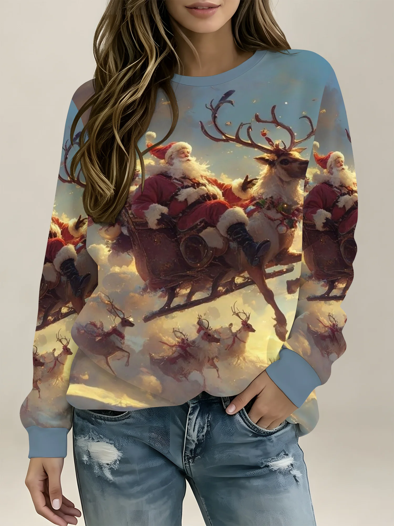 Women's Crew Neck Sweatshirt Christmas Santa Reindeer Sleigh Print Holiday Pullover Autumn Fashion Casual Women Clothes