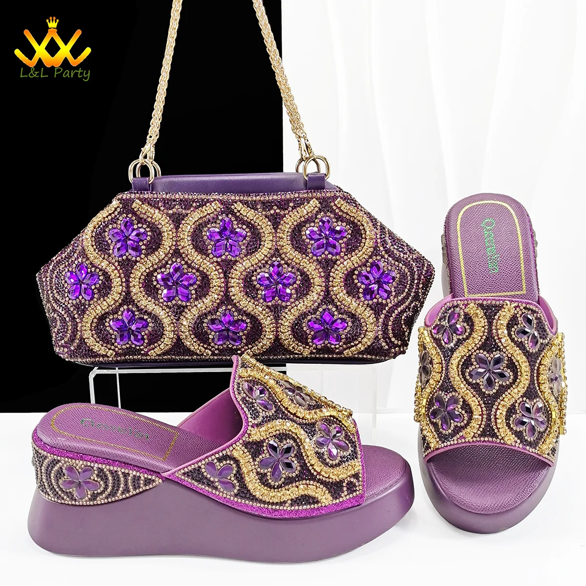 

Purple Color High Quality Elegant Retro Design Nigerian Women Ladies Shoes and Bag Set with Platform Comfortable Slipper
