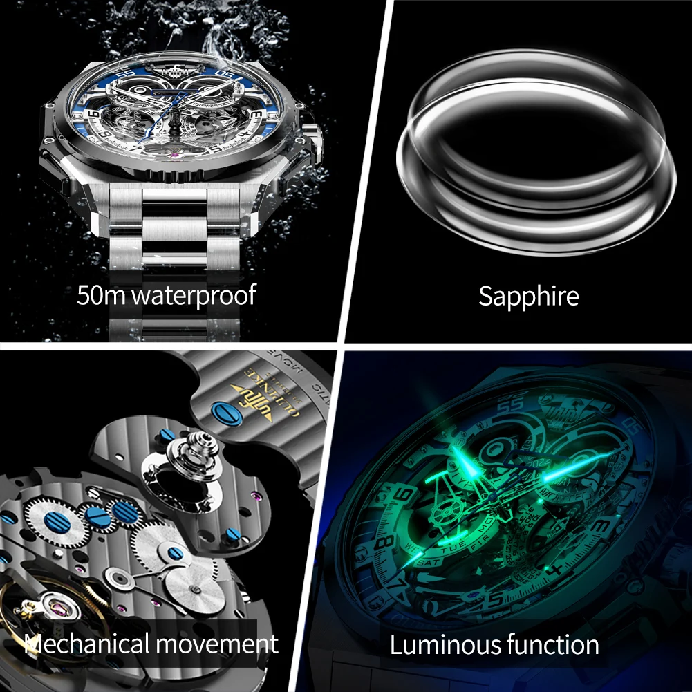 OUPINKE Original Automatic Mechanical Watch for Men Multi-function Tourbillon Skeleton Design Waterproof Luminous Male Watch NEW