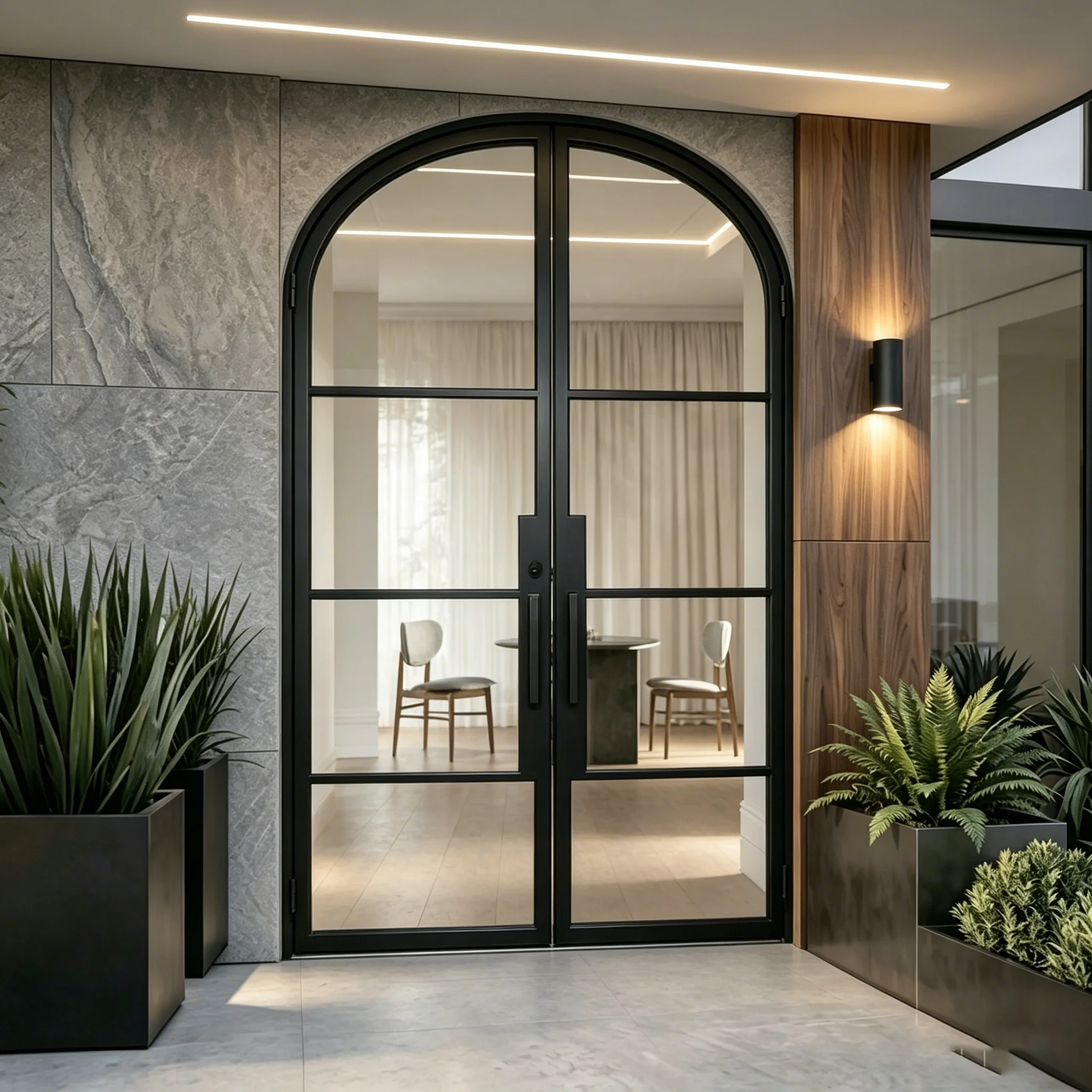 Household Indoor French Style Double Door Frosted Finish Aluminum Frame Arched Glass French Doors Rainproof French Hinged Doors